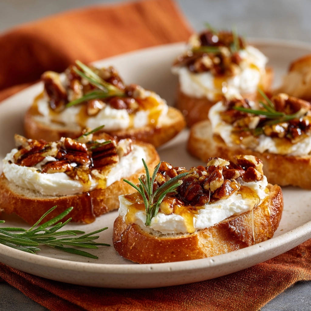 Honeyed goat cheese crostini topped with toasted pecans and a rosemary sprig, showcasing a rich glaze.