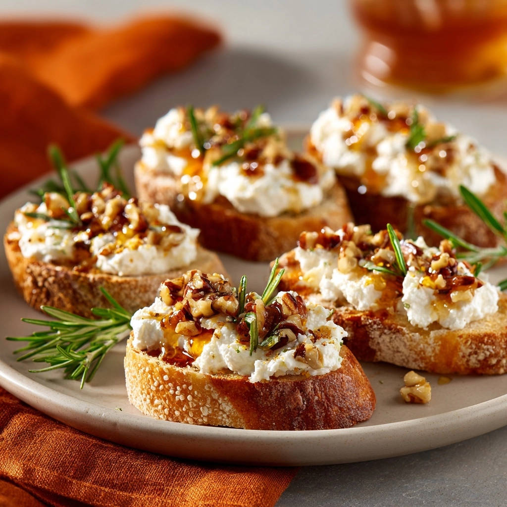 Honeyed goat cheese crostini garnished with walnuts and rosemary on a plate with a napkin.
