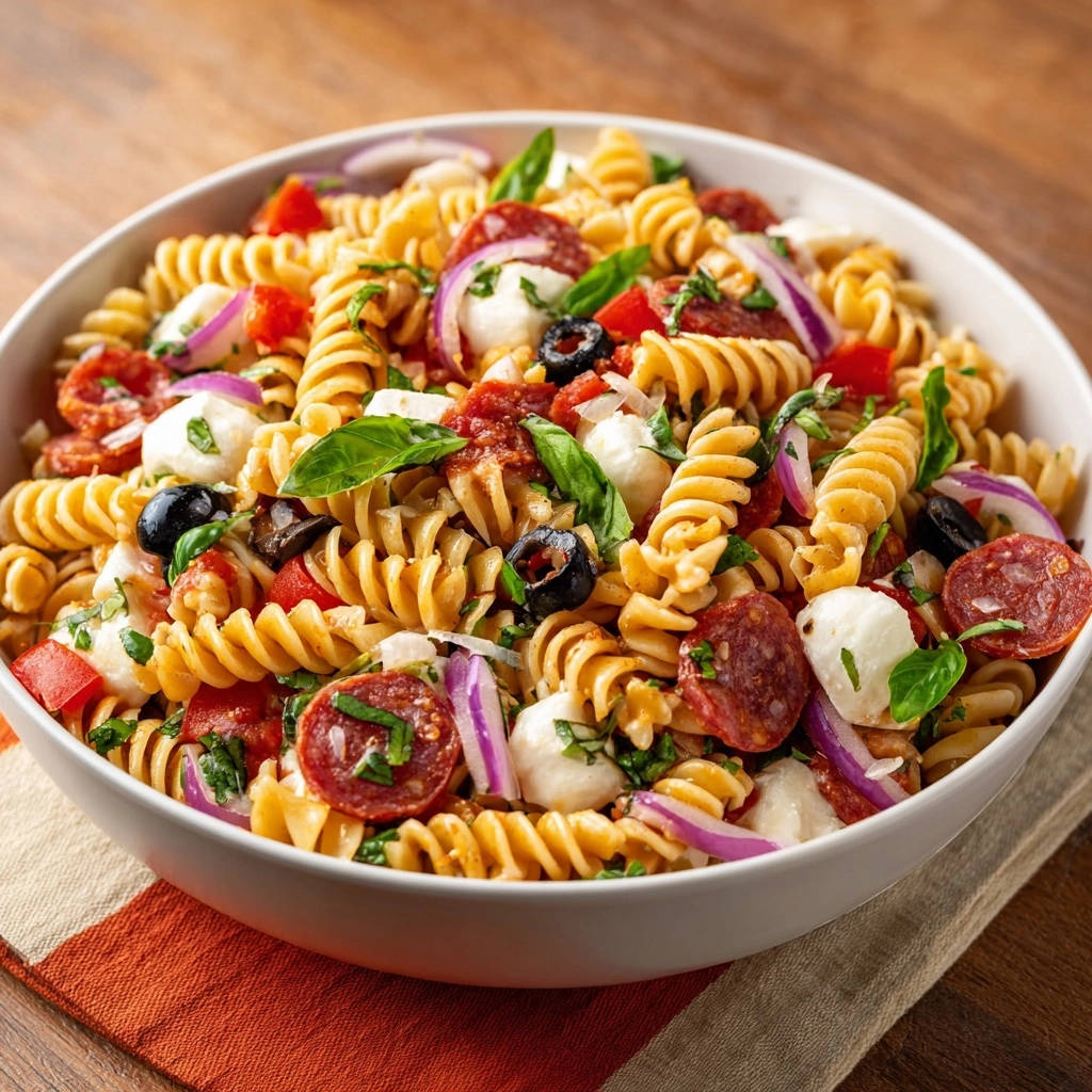 Italian rotini salad with salami, mozzarella, olives, and basil shown in a close-up view within a white bowl.
