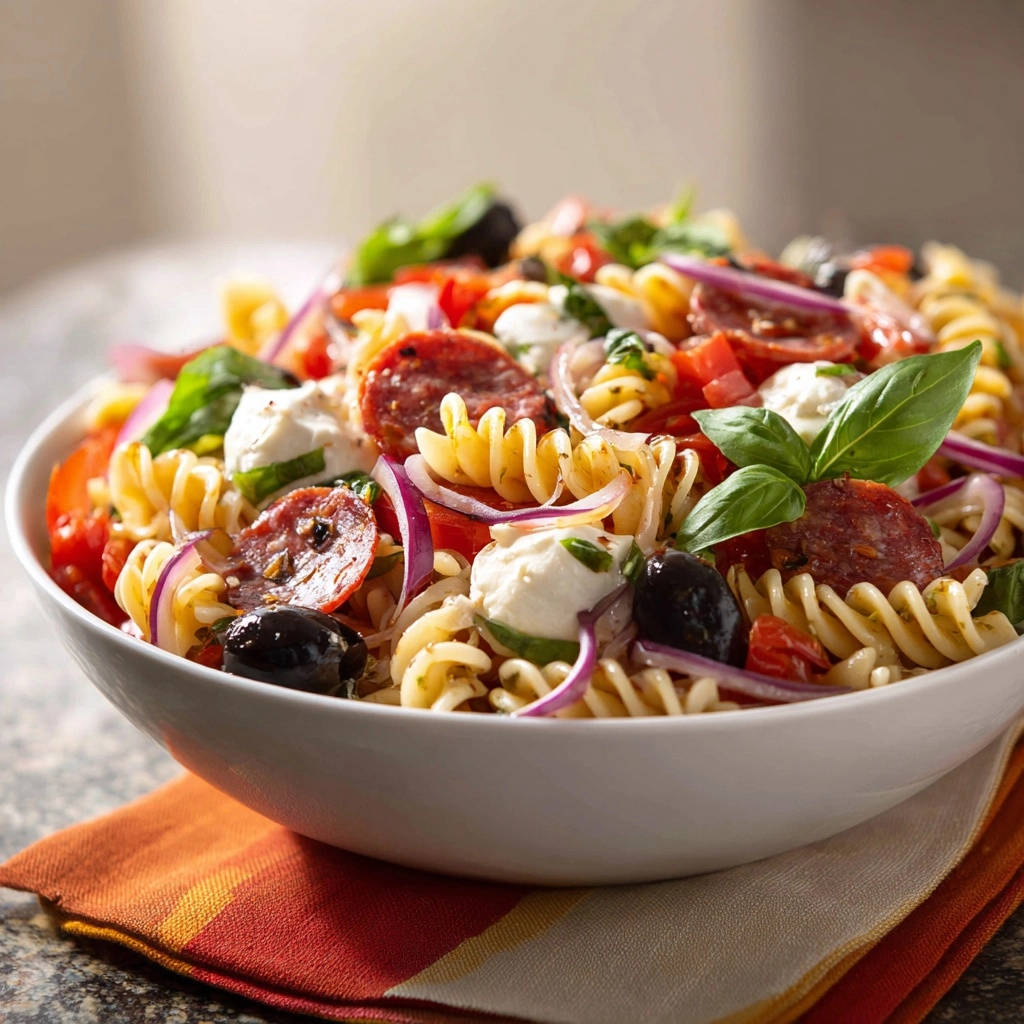Italian Rotini Salad featuring fusilli pasta, salami, mozzarella, olives, and red onion in a white bowl.