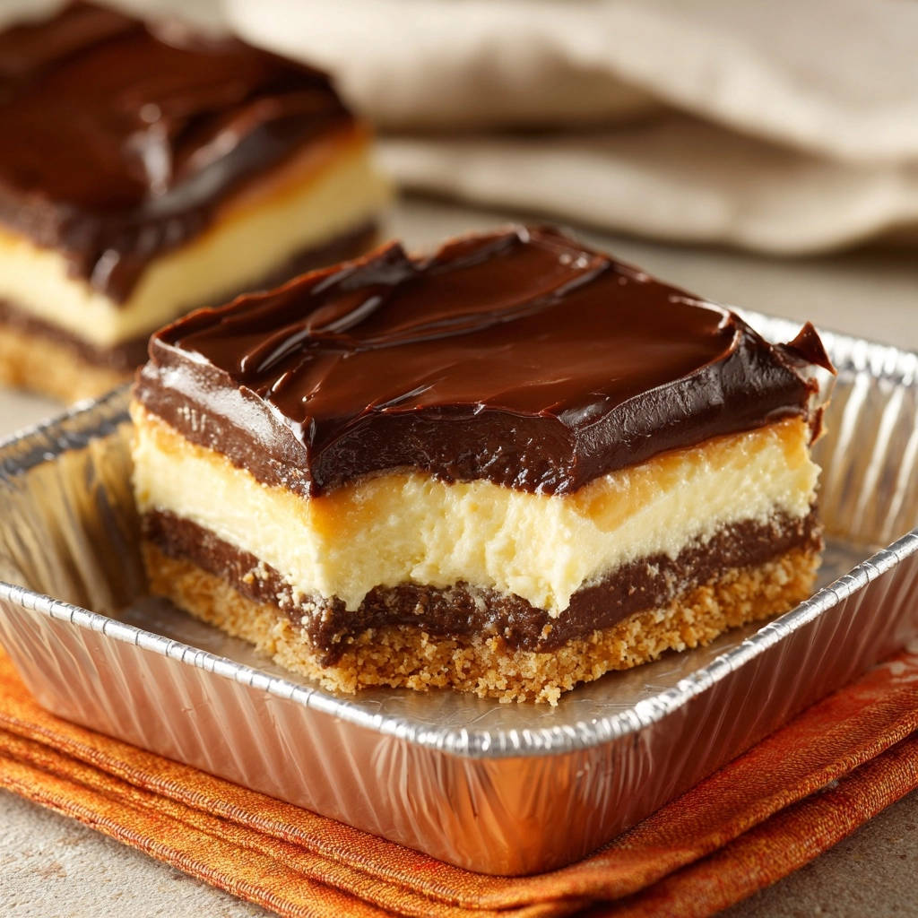 Layered chocolate dream bars showing a rich cross-section with chocolate crust, creamy filling, and chocolate ganache topping.