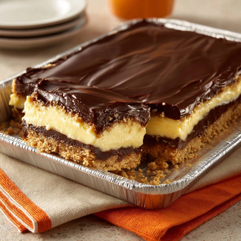 Layered Chocolate Dream Bars showing a cross-section slice with graham cracker crust, chocolate layer, and creamy filling.