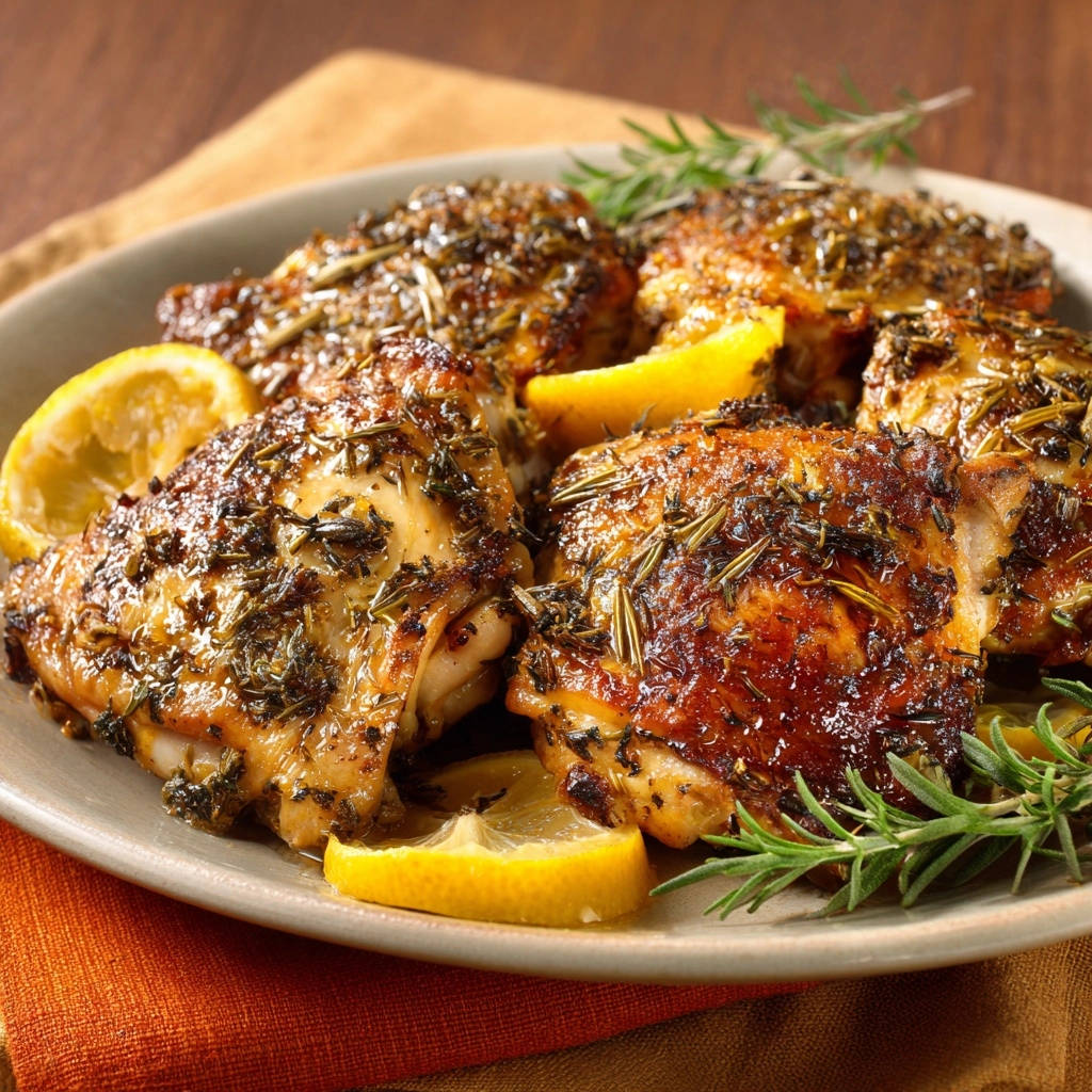 Crispy lemon herb chicken thighs served on a plate with lemon wedges and rosemary.