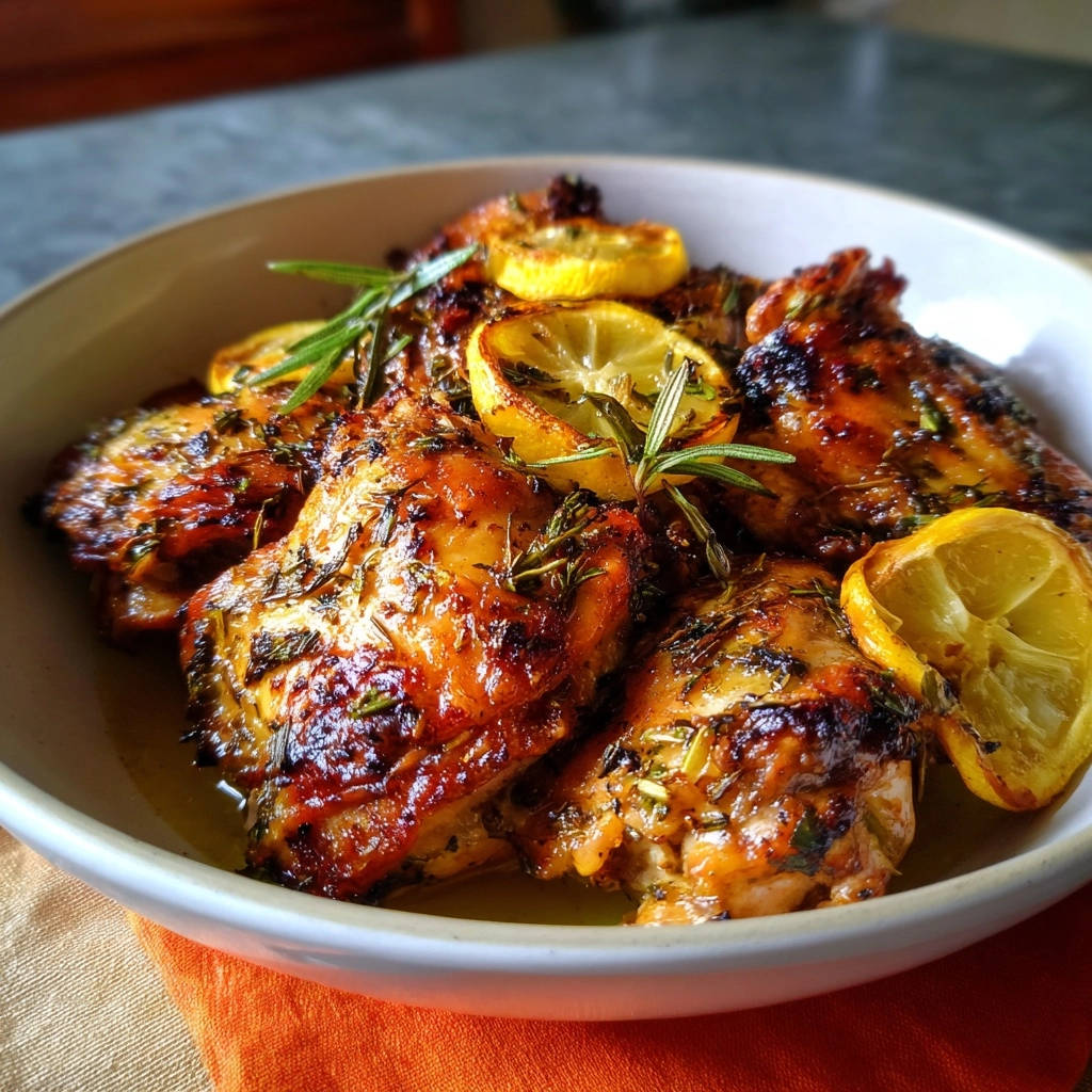 Crispy lemon herb chicken thighs garnished with fresh rosemary sprigs and lemon slices in a white bowl.