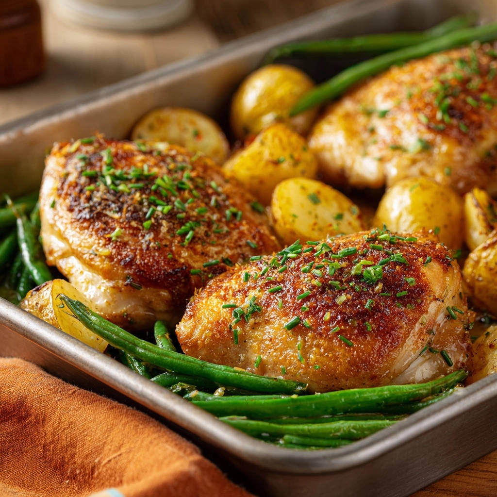 Lemon herb sheet pan chicken with roasted potatoes and green beans, showing a close-up of the garnish.