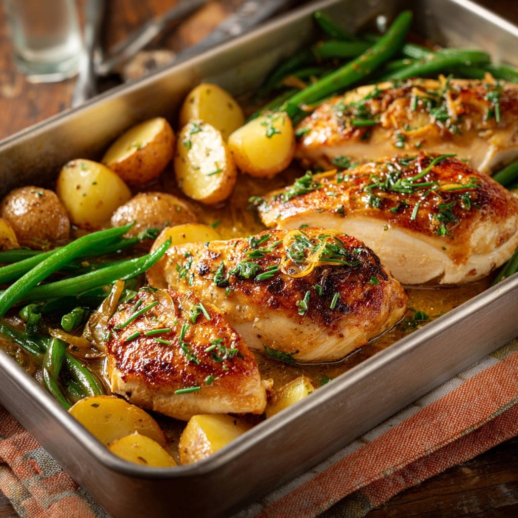 Lemon herb sheet pan chicken with roasted potatoes and green beans, shown close-up in a baking pan.