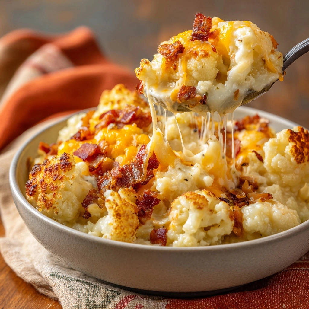 Loaded cheesy cauliflower with a gooey cheese pull being lifted from the bowl, topped with bacon.