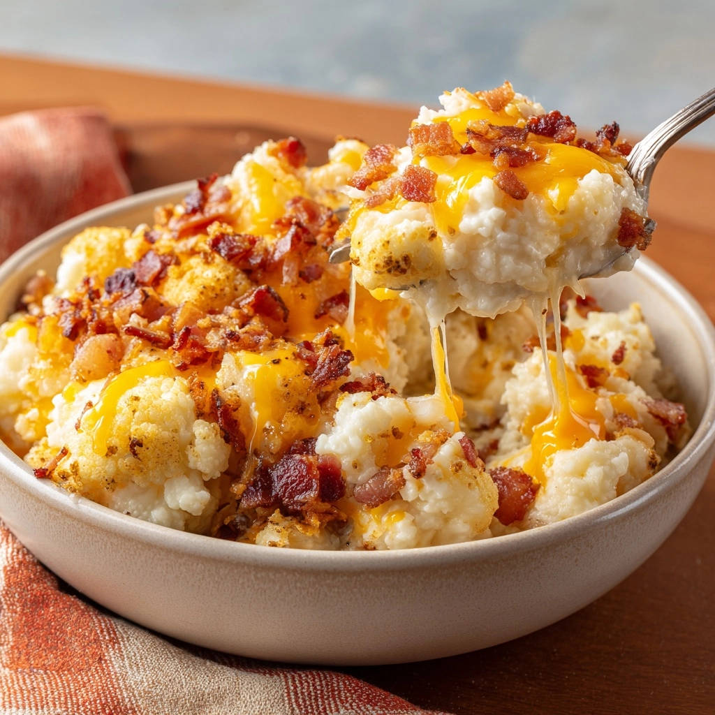 Loaded cheesy cauliflower with a spoonful showing melted cheese and bacon bits.