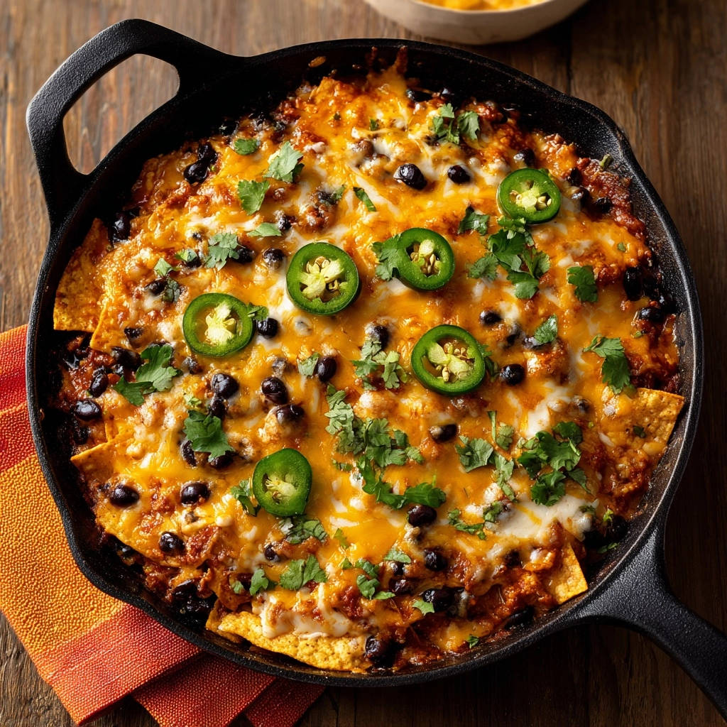 Loaded skillet nachos are topped with melted cheese, black beans, cilantro, and fresh jalapeno slices.