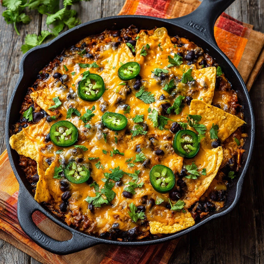 Loaded skillet nachos with melted cheese, black beans, and jalapenos, shown from directly overhead.