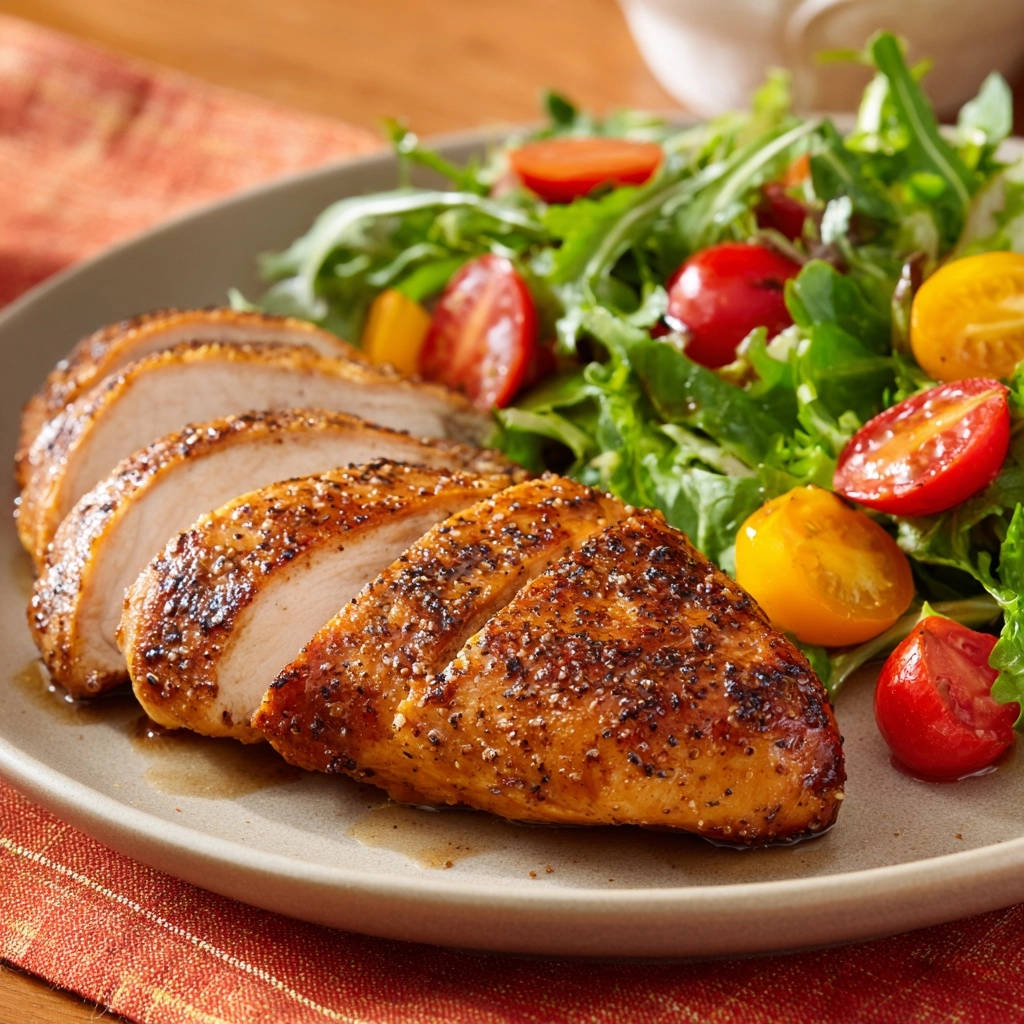 Pan-seared chicken breast with fresh salad, sliced to reveal a juicy cross-section on a plate.