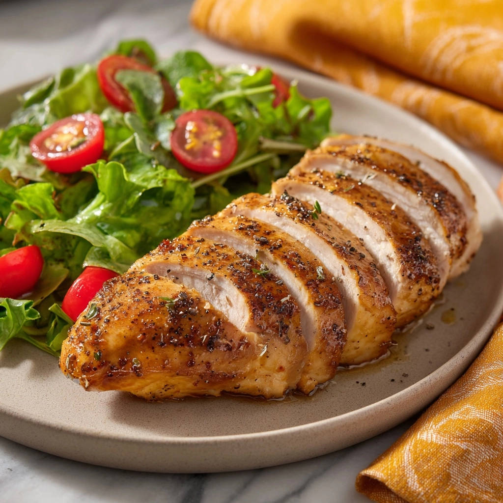 Pan-seared chicken breast with fresh salad, sliced and presented on a plate with a side salad.