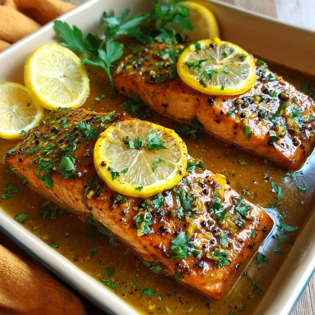 Pan-seared lemon caper salmon served in a baking dish, garnished with lemon slices and fresh parsley.