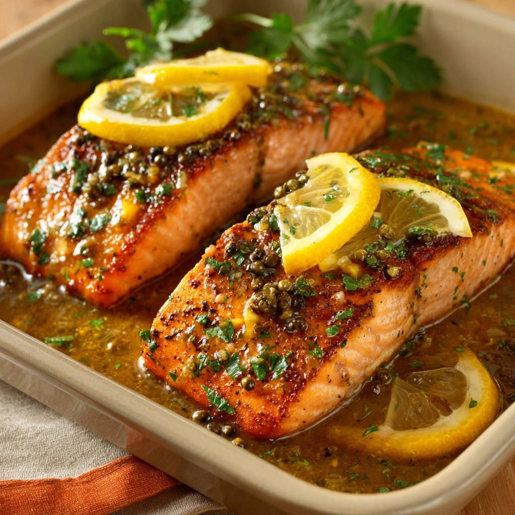 Pan-seared lemon caper salmon, two fillets nestled in a baking dish with a glistening sauce and lemon slices.