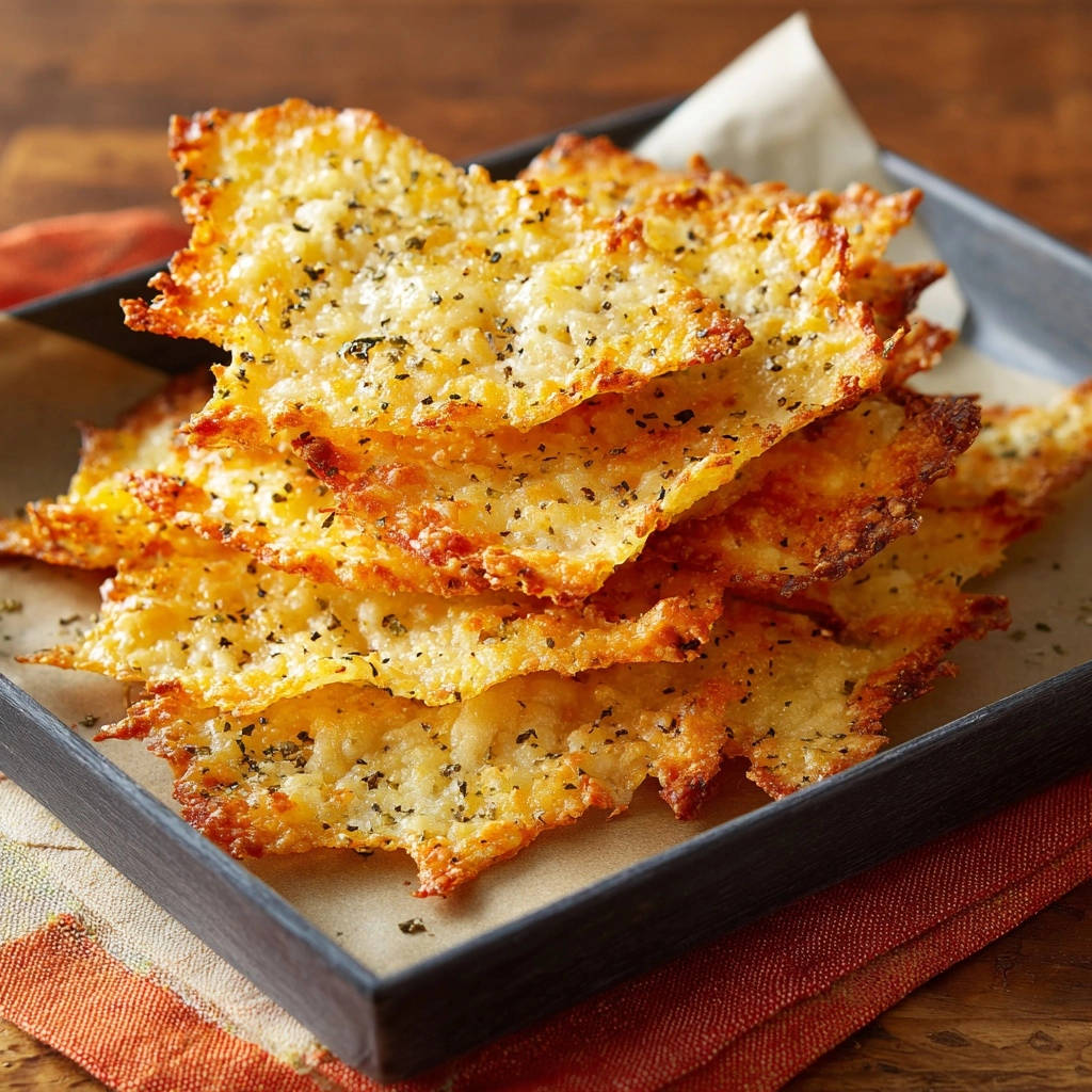 Easy Parmesan Crisps stacked on a dark tray, showing golden brown edges and a speckled seasoning detail.