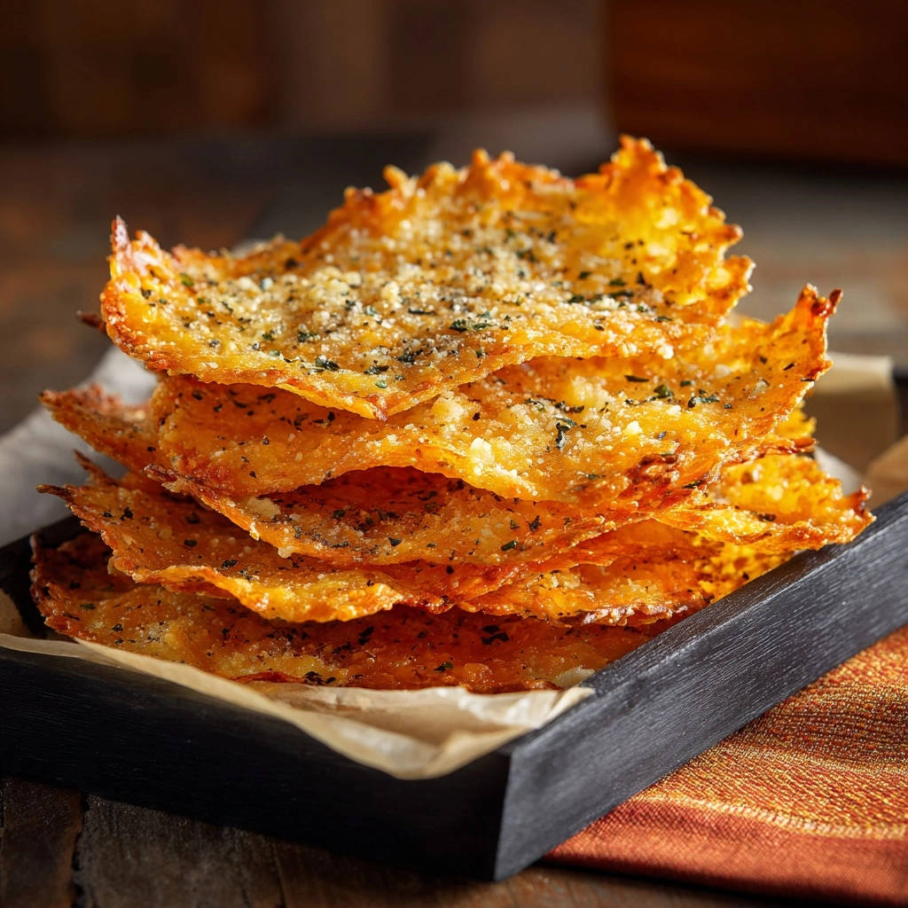 Easy Parmesan Crisps stacked high on a dark tray, showcasing their golden-brown texture and sprinkled herbs.