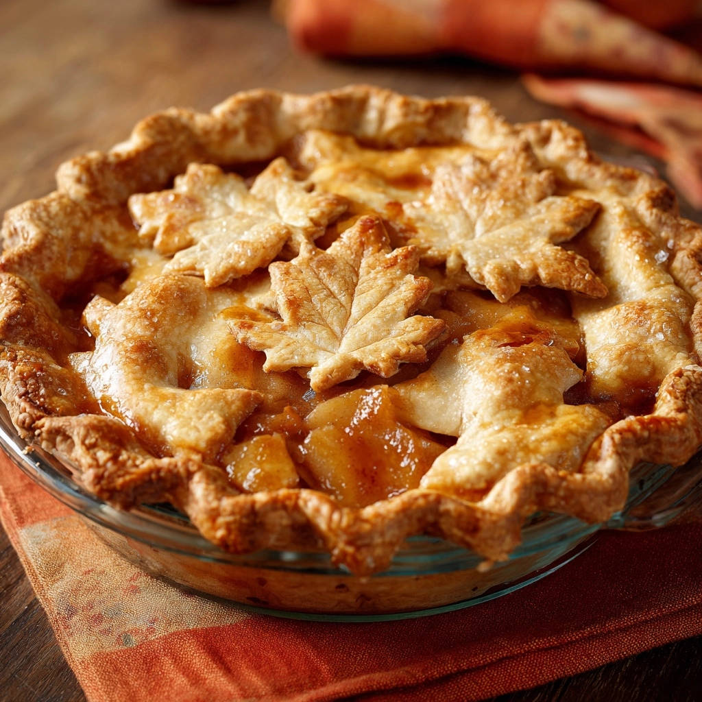 Classic peach lattice pie with decorative leaf-shaped pastry cutouts on top, showcasing a golden-brown baked crust.