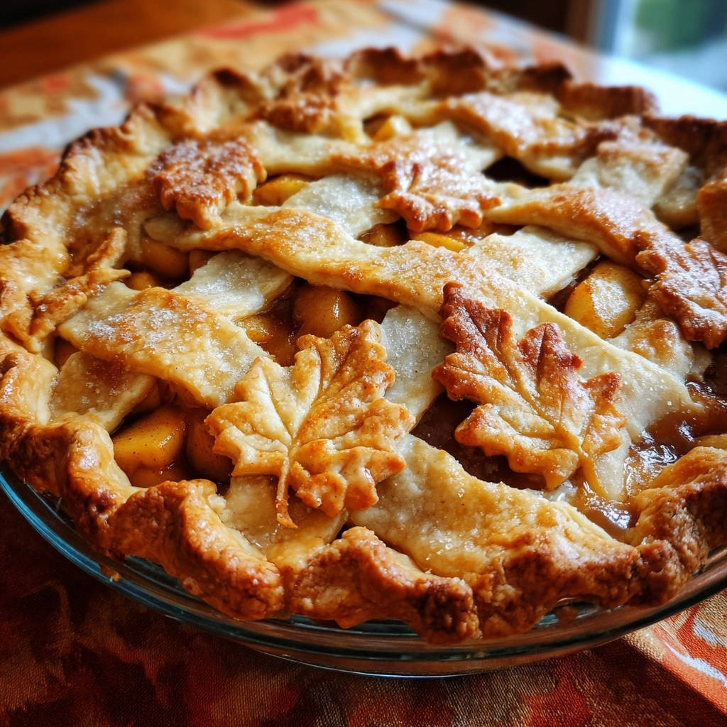 Classic peach lattice pie with decorative leaf cutouts in the golden-brown crust.