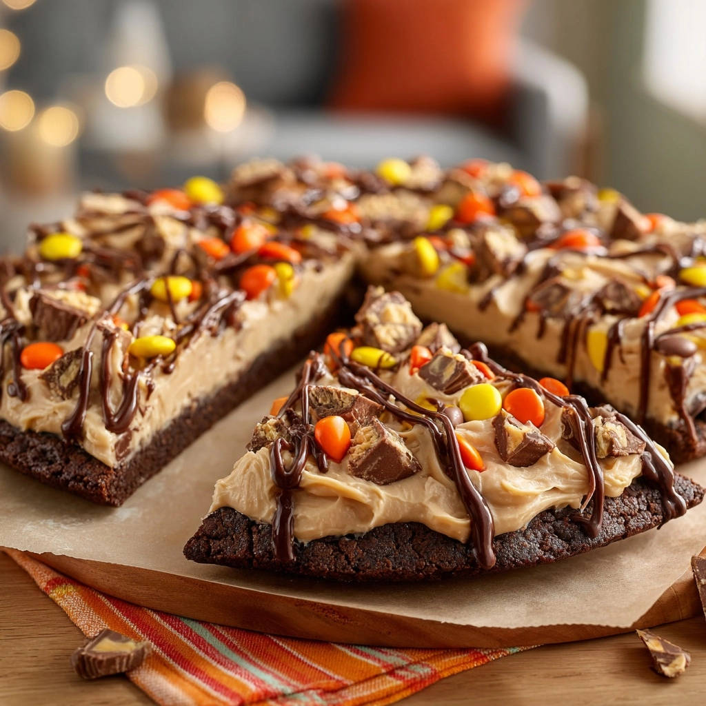 Decadent peanut butter brownie pizza featuring a close-up cross-section of a slice with rich frosting and toppings.