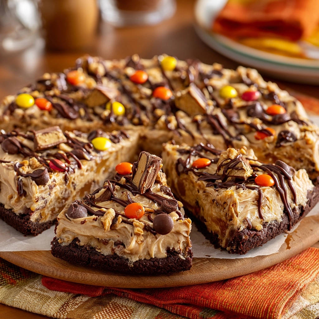 Decadent peanut butter brownie pizza, showcasing a close-up slice with rich peanut butter filling and chocolate toppings.