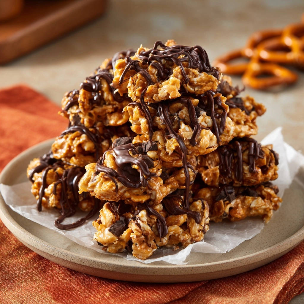 Peanut butter caramel crunch bites drizzled with dark chocolate on a plate.