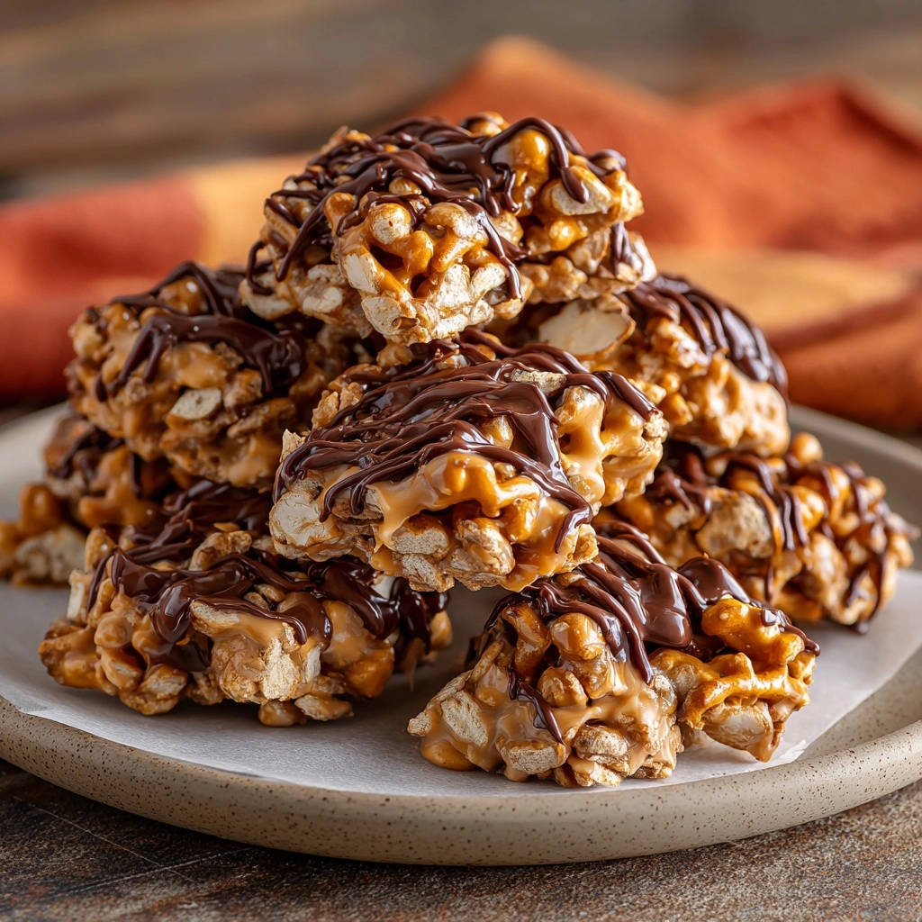 Peanut Butter Caramel Crunch Bites drizzled with chocolate, stacked on a plate with a rustic background.