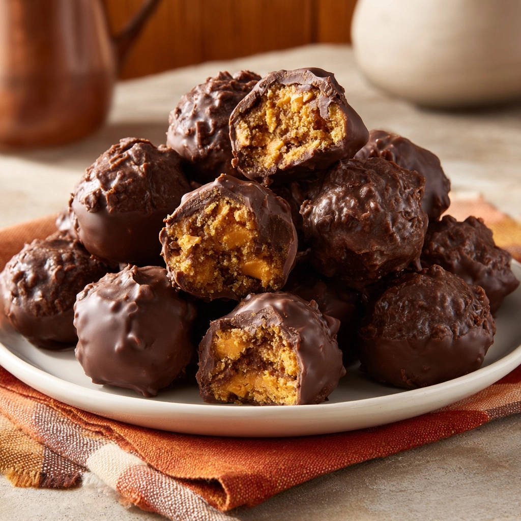 Classic peanut butter chocolate truffles shown in a close-up cross-section revealing the creamy peanut butter filling inside.