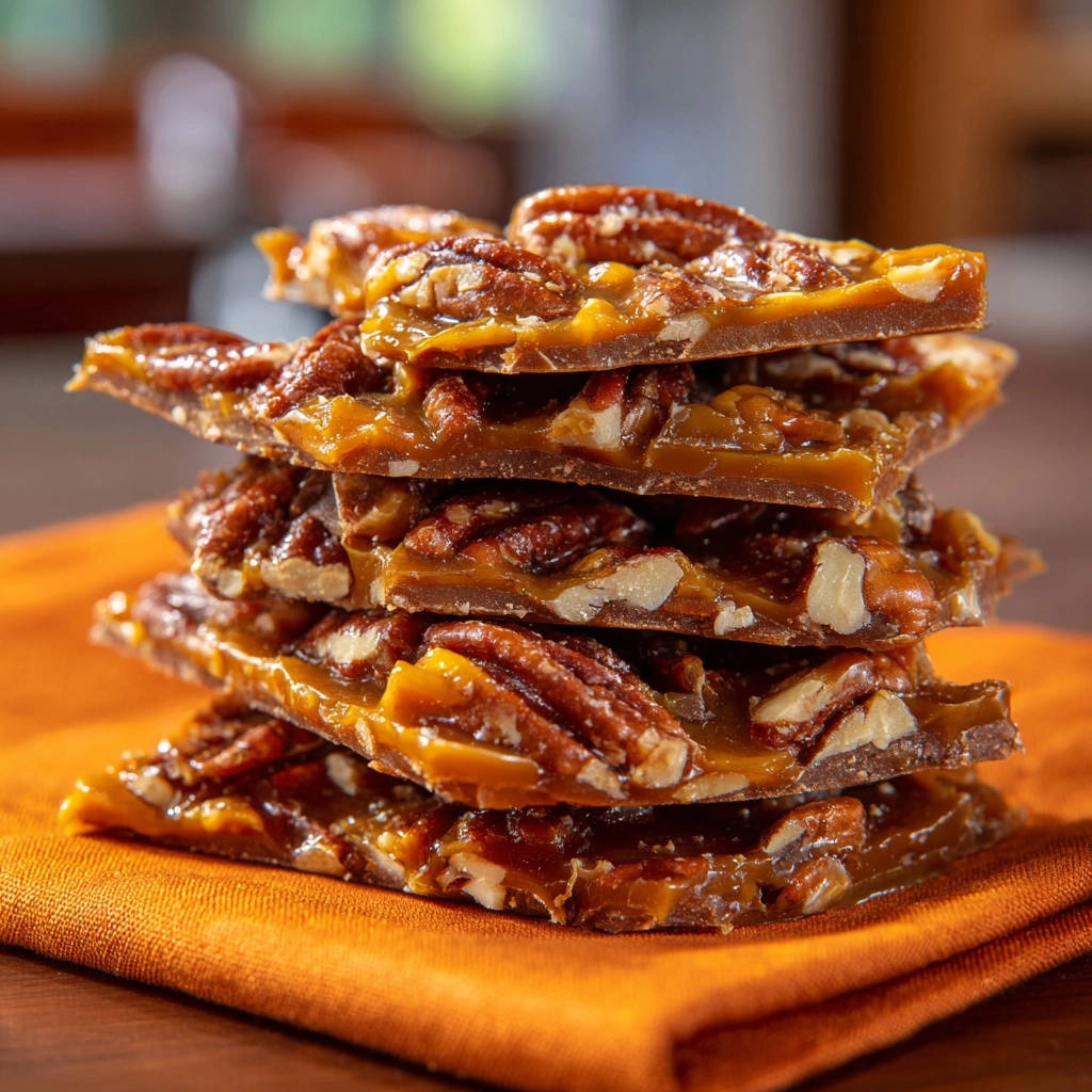 Perfect pecan brittle stacked high on an orange napkin, showcasing its glossy caramel and whole nut pieces.