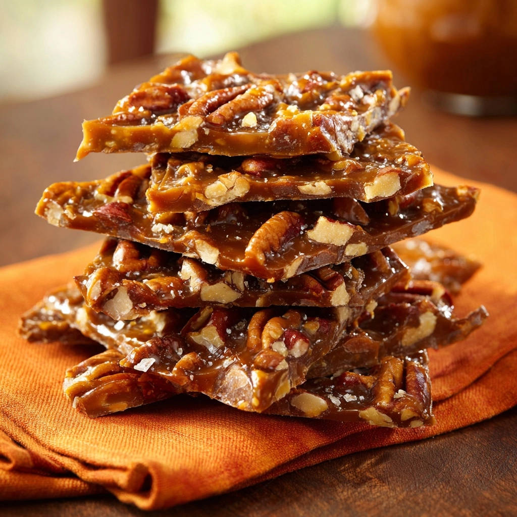 Perfect pecan brittle stacked high on an orange napkin, showcasing its shiny caramel coating and scattered salt crystals.