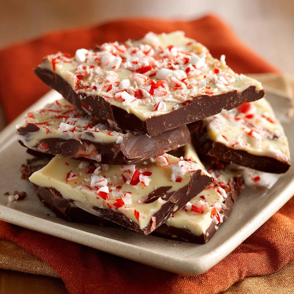Decadent peppermint bark pieces stacked on a plate, showcasing the dark chocolate and white chocolate layers with crushed candy canes.