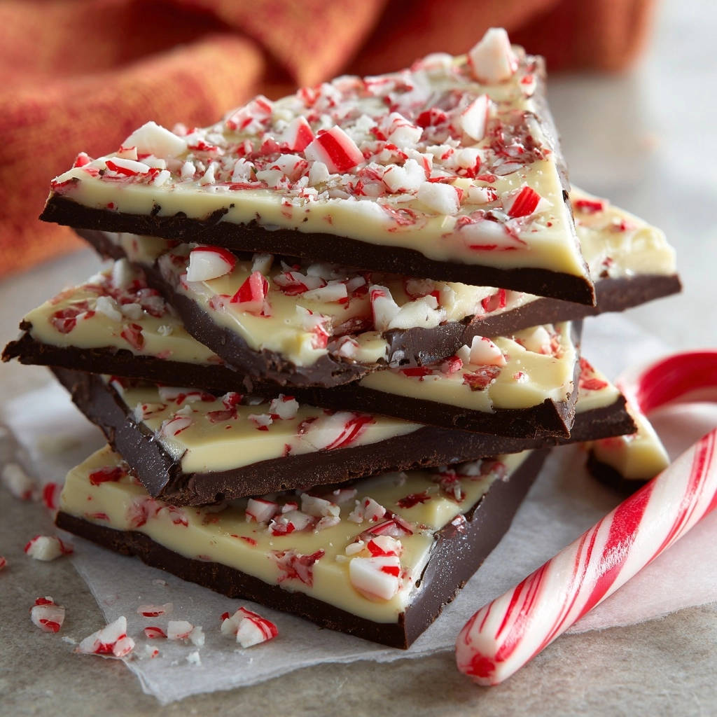 Peppermint bark perfection, featuring a stack of dark and white chocolate slices generously topped with crushed candy canes.