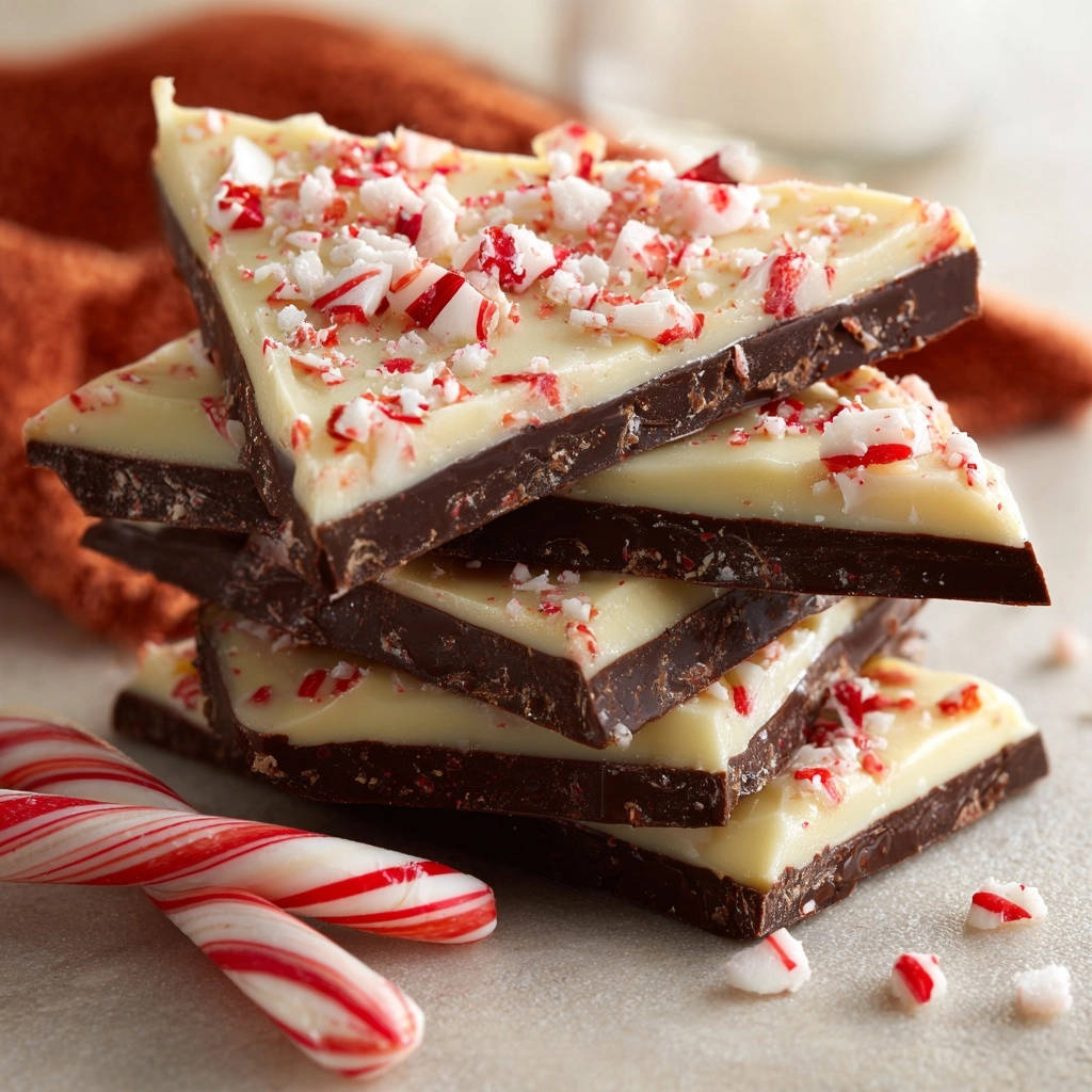 Peppermint bark perfection shown as a stack of chocolate and white chocolate triangles with crushed candy canes and a detail shot of candy canes.