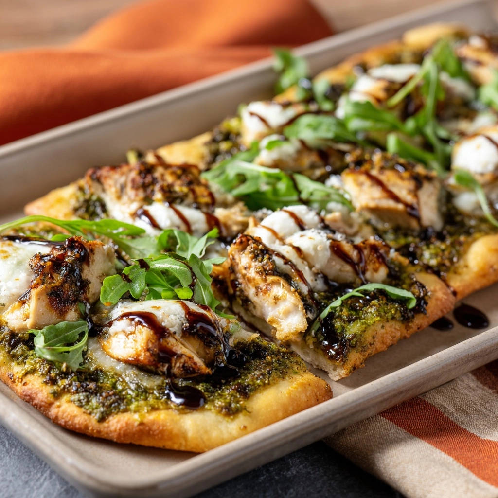 Pesto chicken flatbread pizza sliced and served on a tray, showcasing a green pesto base and toppings.