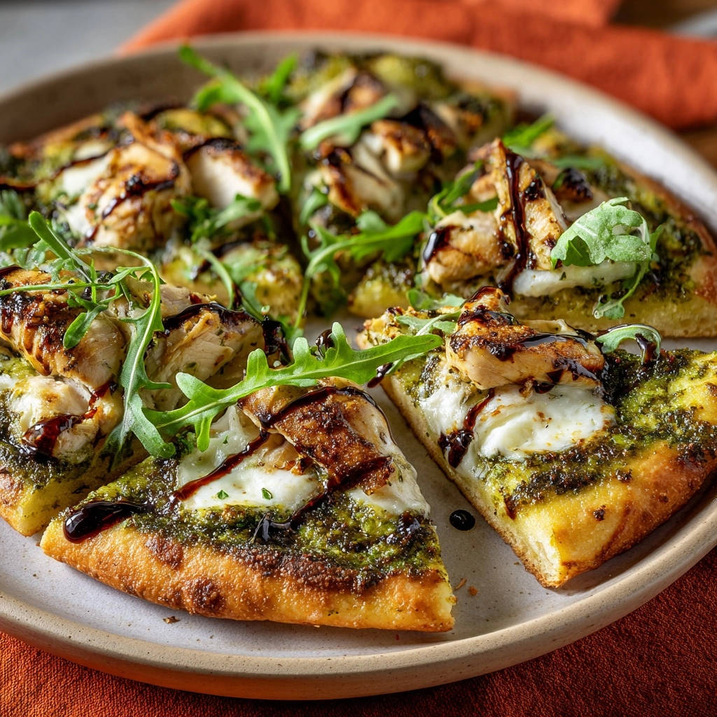 Pesto chicken flatbread pizza sliced and presented overhead on a plate with arugula and balsamic glaze.