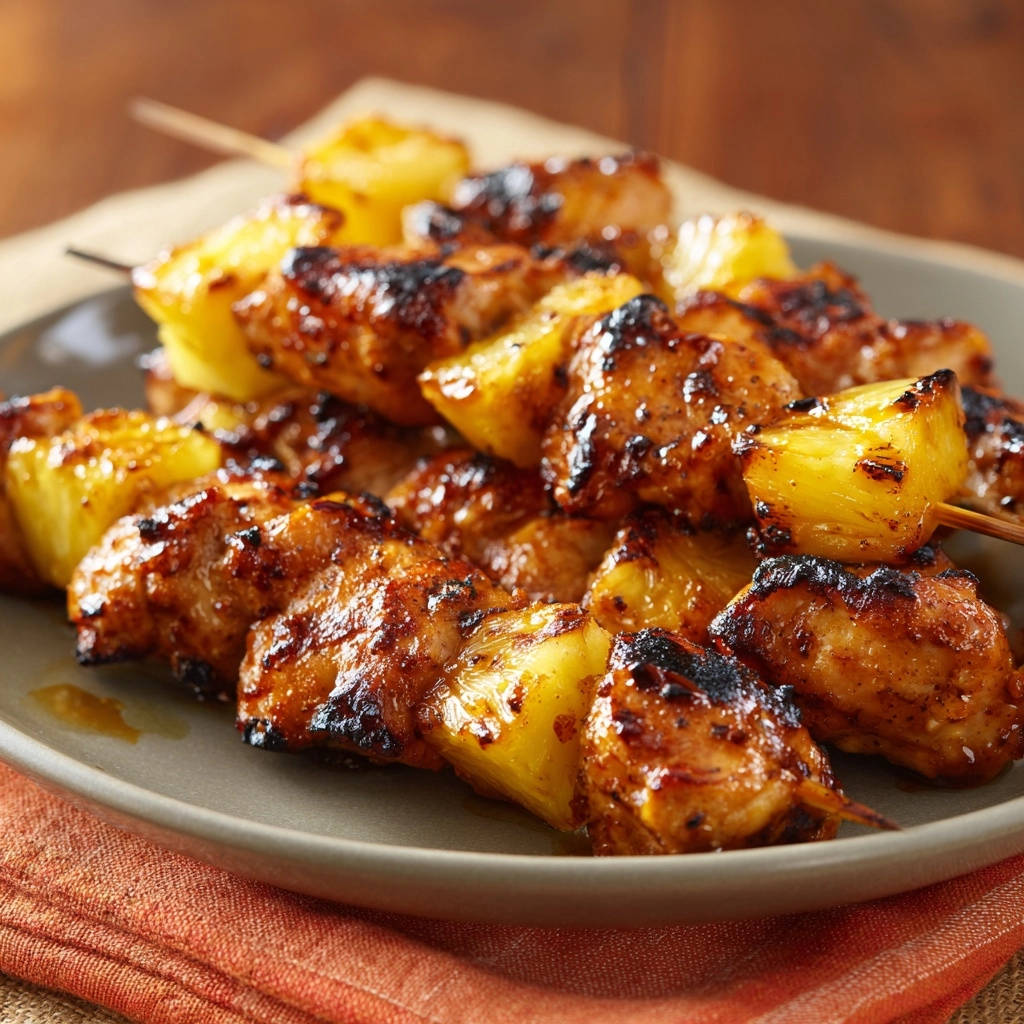 Juicy pineapple chicken skewers served on a plate, showcasing the glazed and slightly charred meat and fruit.