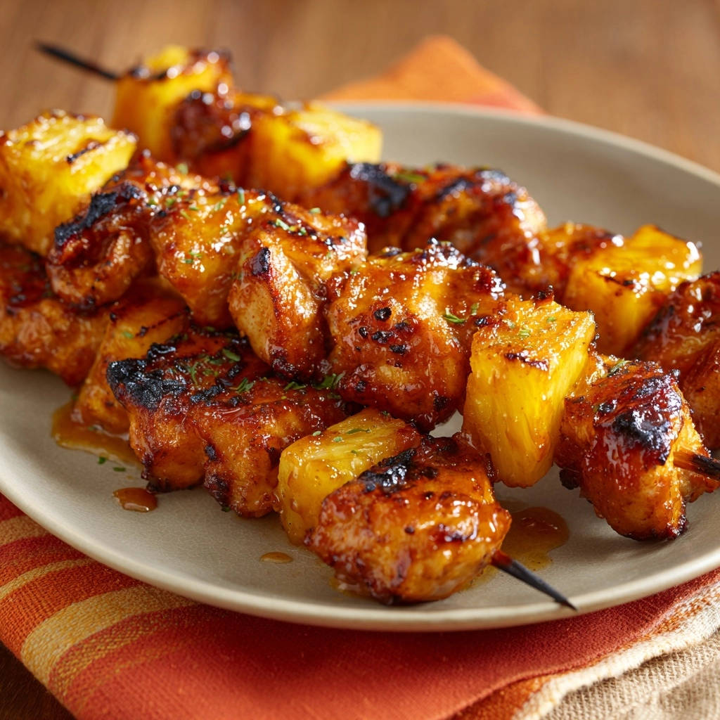 Juicy pineapple chicken skewers with a glistening glaze, shown in a detailed close-up on a plate.