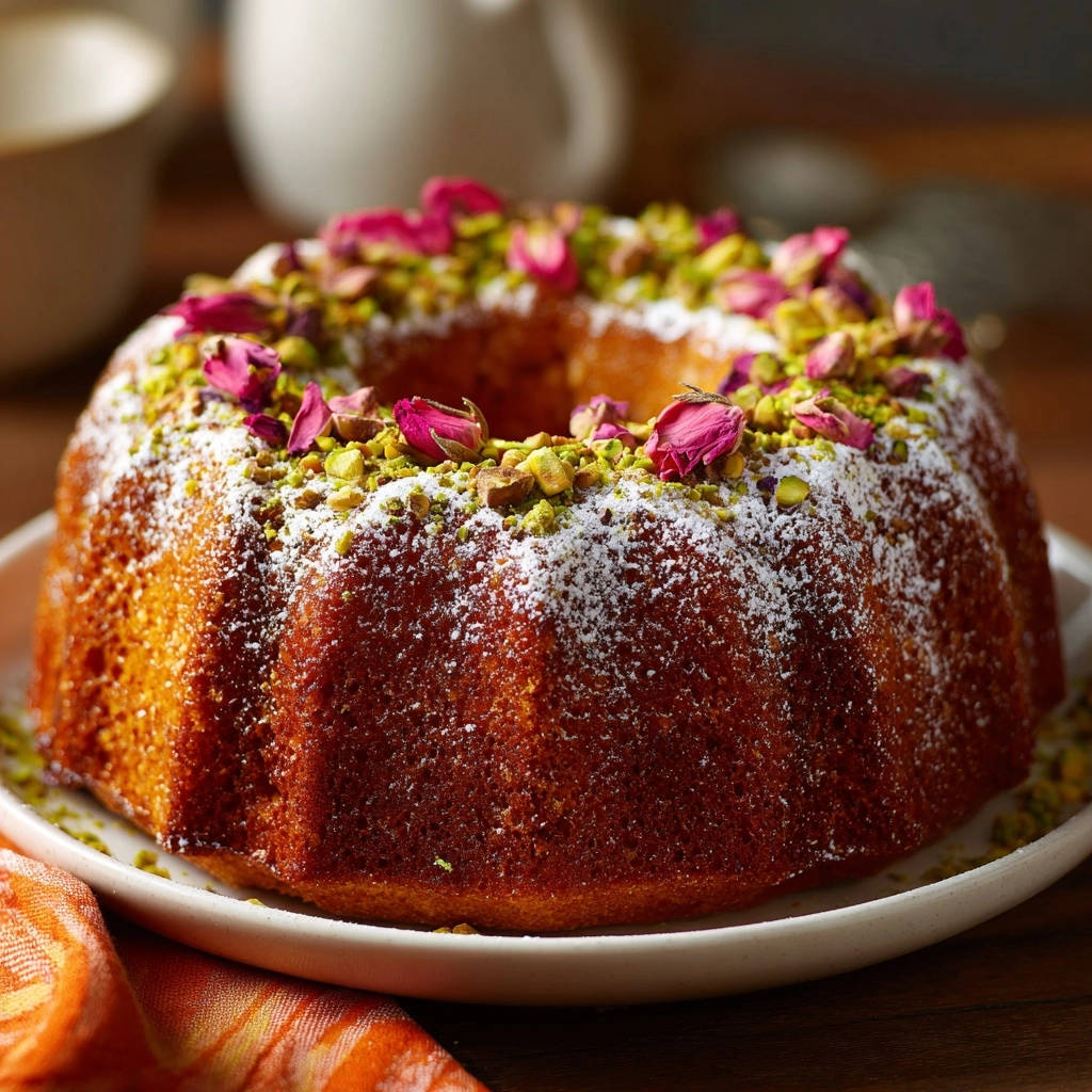 Elegant Pistachio Rose Bundt Cake, generously dusted with powdered sugar and adorned with pistachios and dried rose petals.