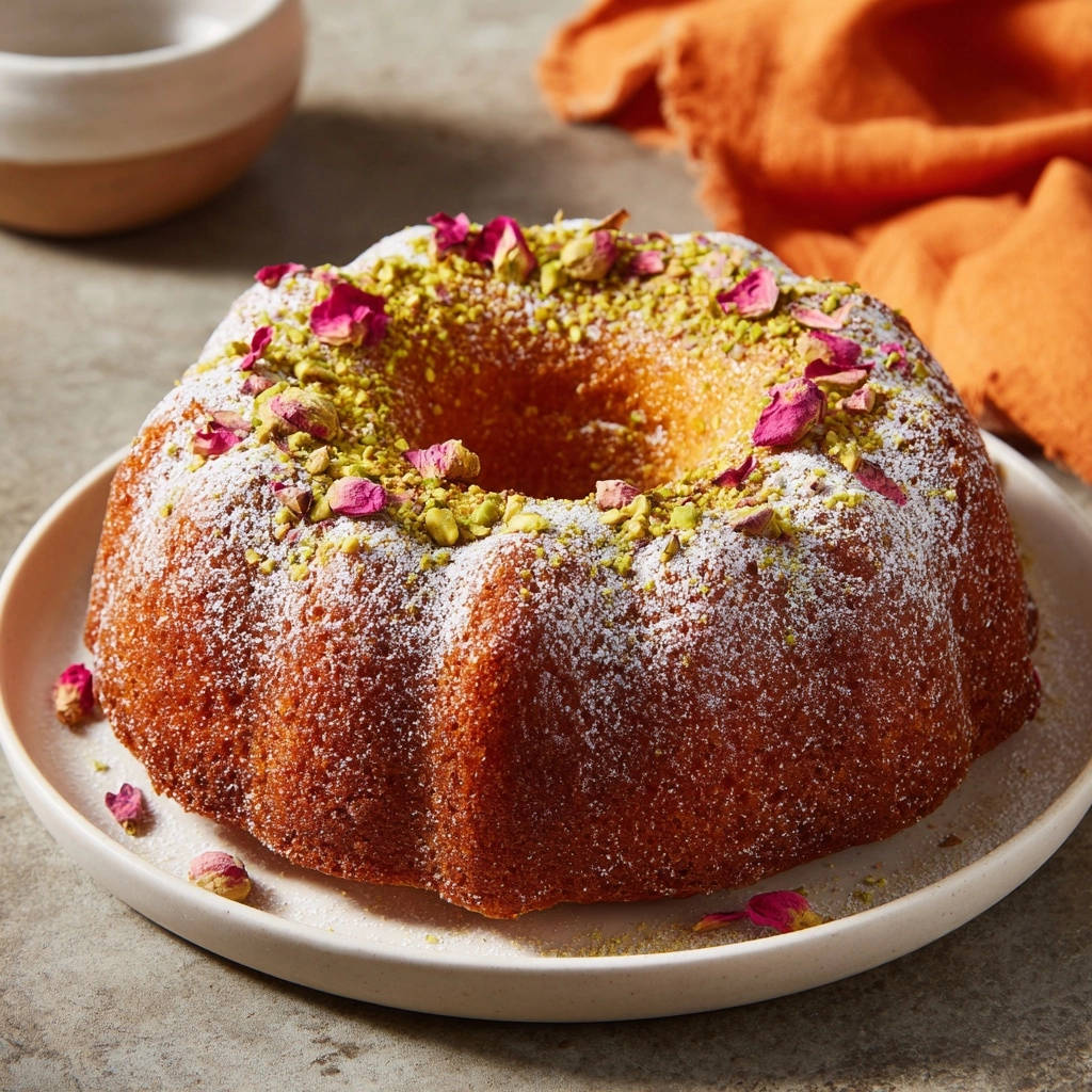 Elegant Pistachio Rose Bundt Cake garnished with chopped pistachios and dried rose petals on a white plate.