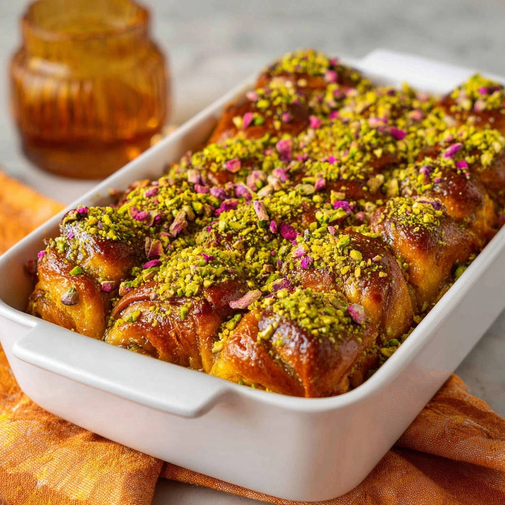 Pistachio rose sticky buns glistening in a white baking dish, topped with chopped pistachios and rose petals.