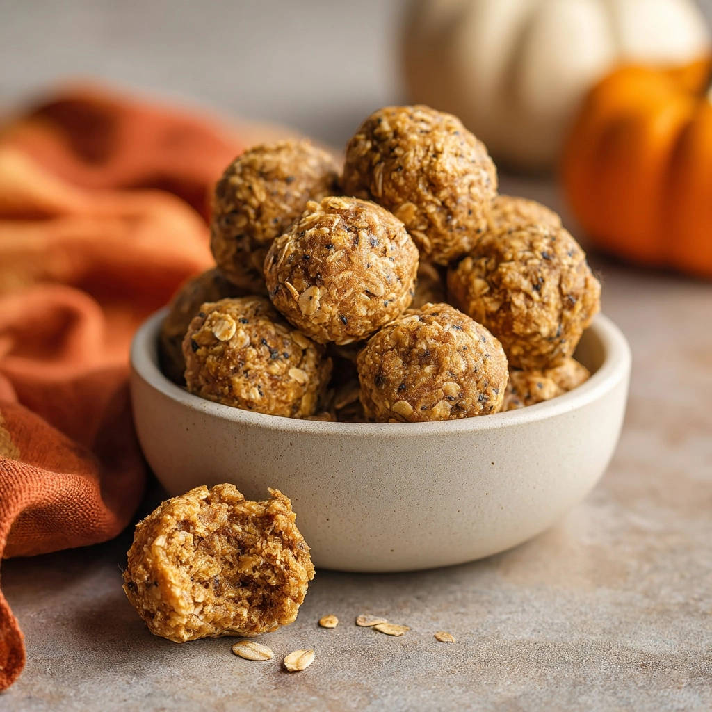 Pumpkin Spice Energy Bites shown in a close-up view within a textured bowl with one bite taken out.