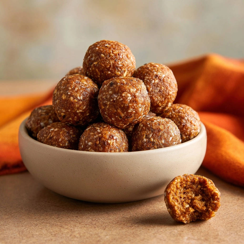 Pumpkin spice energy bites with a close-up cross-section showing the chewy interior texture and sesame seeds.