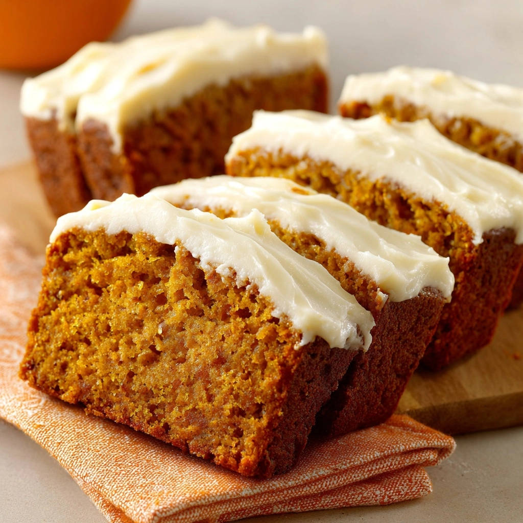 Ultimate Pumpkin Spice Loaf shown as a moist cross-section with creamy white frosting on top.