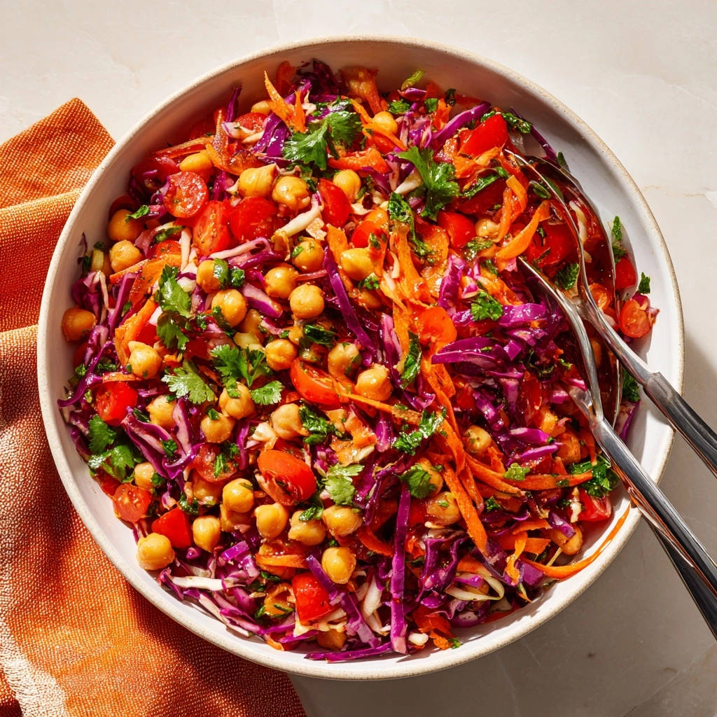 Rainbow crunch slaw in a white bowl, featuring a vibrant mix of red cabbage, carrots, chickpeas, and tomatoes, viewed from directly above.