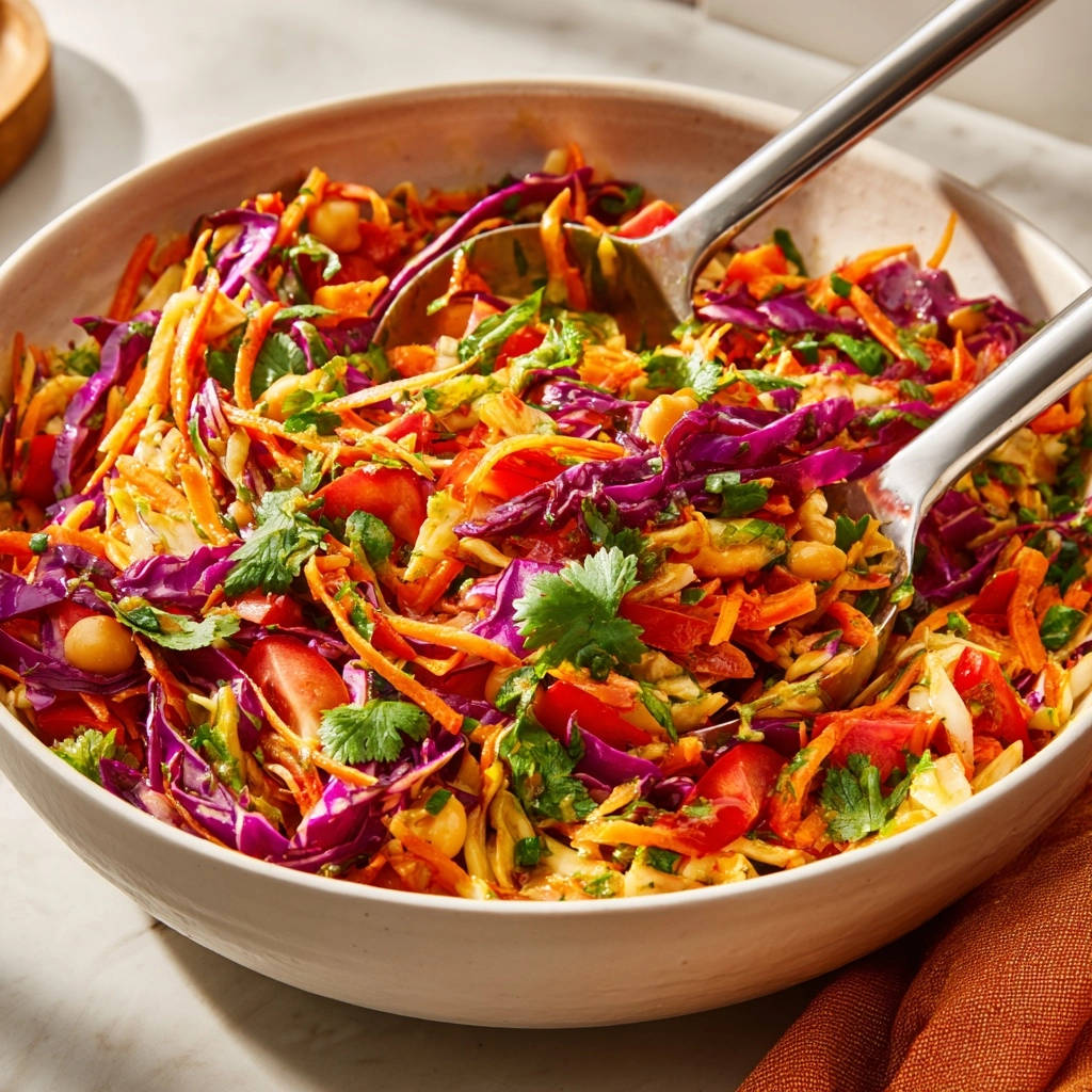 Rainbow Crunch Slaw served in a bowl with a serving spoon highlighting the vibrant shredded vegetables and chickpeas.
