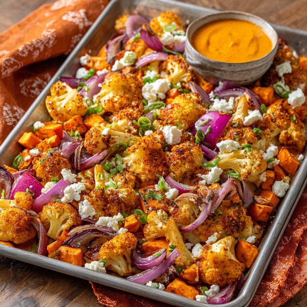 Roasted sweet potato &amp; cauliflower sheet pan with feta and a side of dipping sauce, presented in an overhead view.