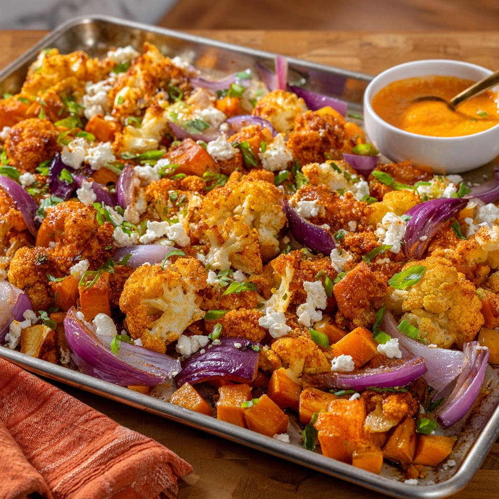 Roasted sweet potato & cauliflower sheet pan with feta cheese and green onions, served with sauce