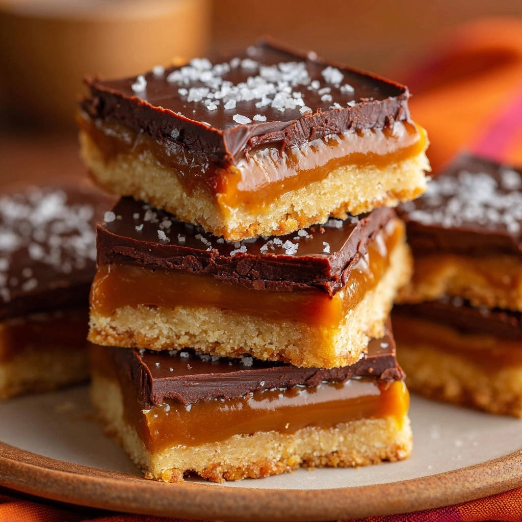 Salted Caramel Chocolate Bars shown in a stacked cross-section revealing layers of shortbread, caramel, and chocolate topping.