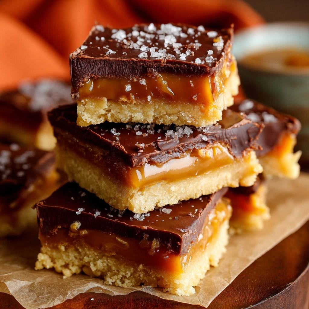 Salted caramel chocolate bars stacked high, showcasing a close-up cross-section of their shortbread, caramel, and chocolate layers.