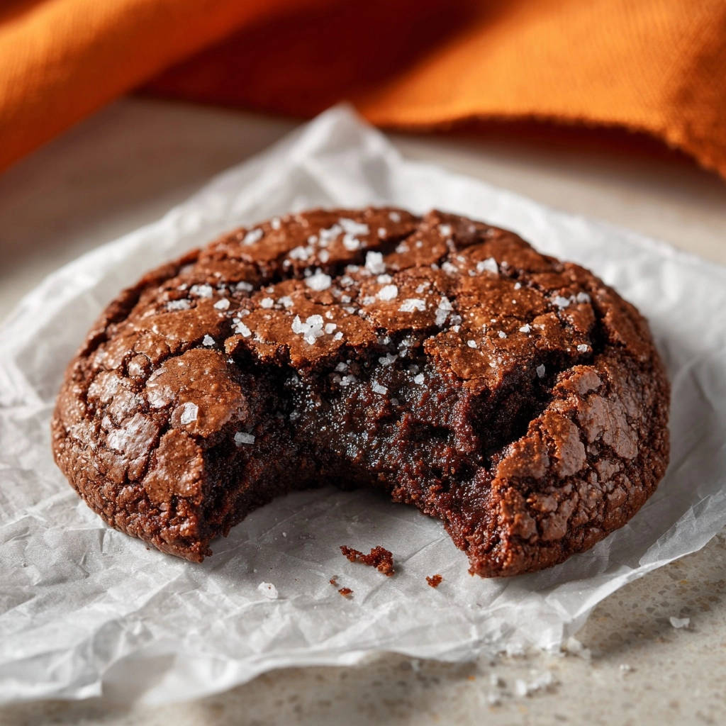 Salted dark chocolate cookies with a bite taken out, showing the fudgy interior and flaky sea salt topping.