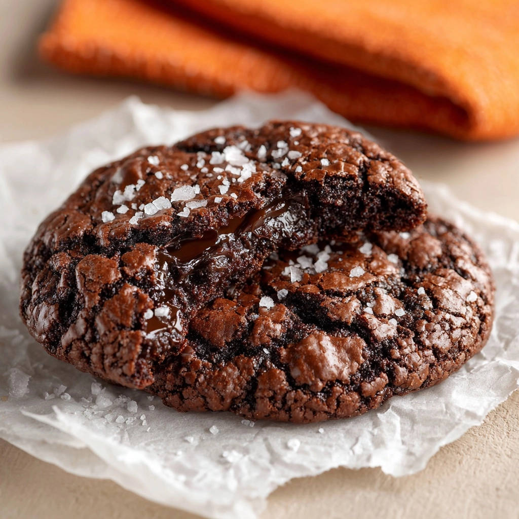 Salted dark chocolate cookies with a fudgy cross-section revealing melted chocolate and flaky sea salt.